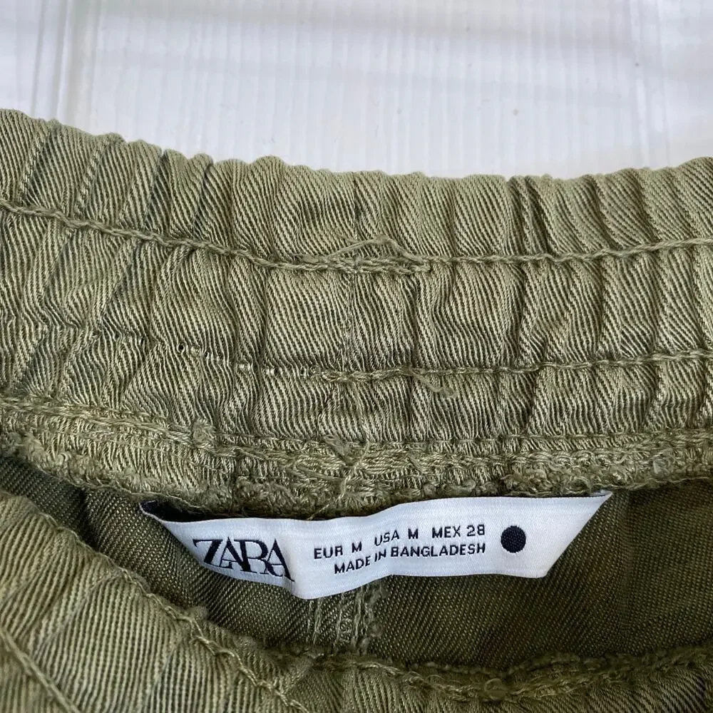 ZARA Khaki Green Linen Blend Pants High Rise Joggers Size Medium Olive Pockets